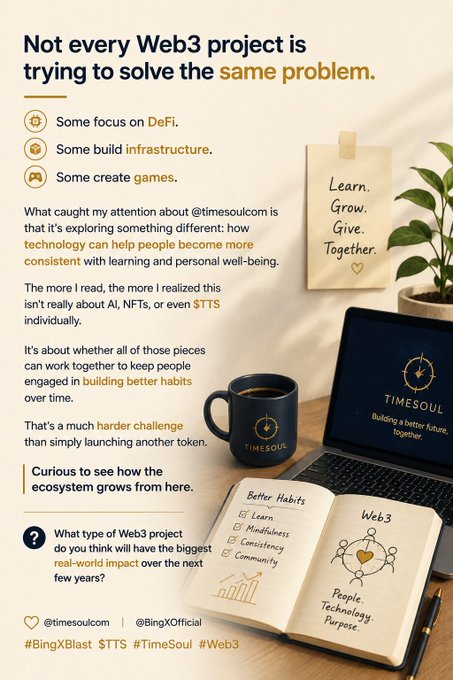 A cozy workspace features a laptop displaying the "TIMESOUL" logo with the tagline "Building a better future, together," alongside a branded mug and an open notebook listing "Better Habits" (Learn, Mindfulness, Consistency, Community) and "Web3" concepts, with a sticky note reading "Learn. Grow. Give. Together." The image visually reinforces the post's theme about TimeSoul's unique Web3 mission of using technology to support personal well-being and habit-building, rather than typical DeFi or infrastructure projects.