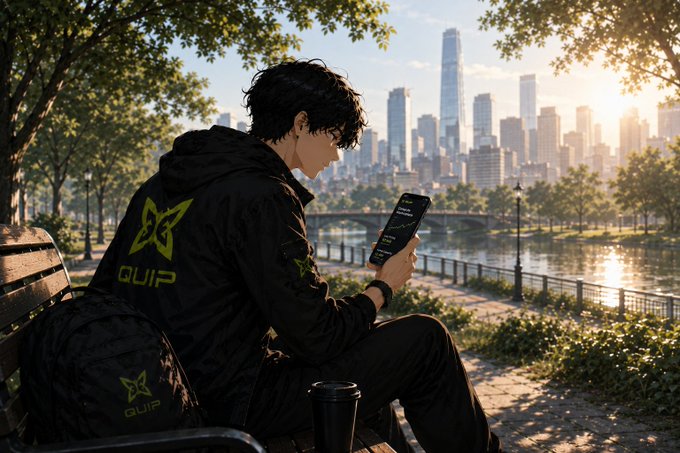 An anime-style illustration of a young man with dark hair wearing a black 'QUIP' branded jacket sitting on a park bench looking at his phone, with a city skyline and river in the background.