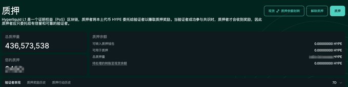 A dark-themed Chinese webpage displays a "质押" (Pledge) dashboard for Hyperliquid, showing a total pledge amount of 436,573,538 HYPE alongside zeroed-out metrics for pledgable balance, available for pledge, and expected annual rewards. The post humorously addresses skeptics asking for screenshots by implying the displayed proof of earnings is being mocked as fabricated, while questioning why flaunting portfolio performance is even necessary when followers primarily care about token selection strategies.