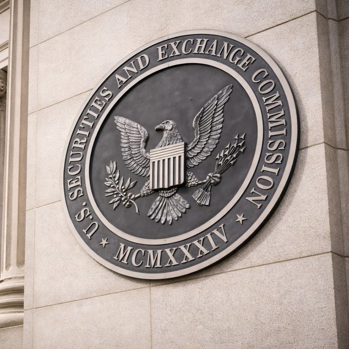 The official seal of the U.S. Securities and Exchange Commission (SEC), founded in MCMXXXIV (1934), is mounted on a stone building exterior, symbolizing federal financial regulatory authority relevant to the article's warning that overly strict SEC and CFTC rules could push crypto perpetual futures trading to offshore venues.