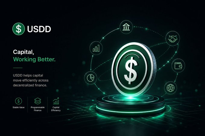 A promotional image for 'USDD' displays a glowing 3D coin with a dollar sign surrounded by connected icons, with text describing it as 'Capital, Working Better' and 'helps capital move efficiently across decentralized finance.'