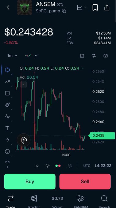 Raydium DEX interface showing the ANSEM token ($ANSEM) trading at $0.243428 with -1.51% change, $12.50M volume, and Buy/Sell buttons, timestamped 14:23:22 UTC.