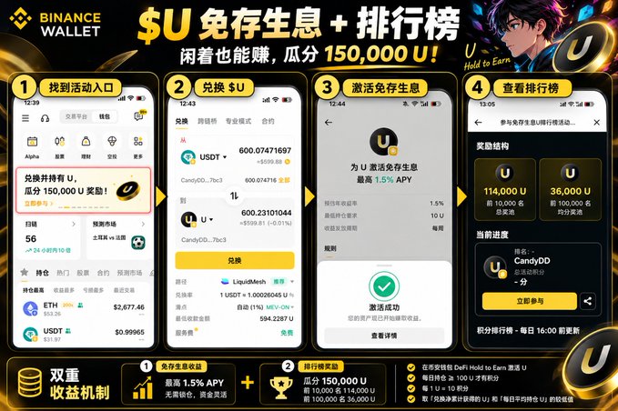 An advertisement for Binance Wallet's "$U 免存生息 + 排行榜" (USU interest-free savings + leaderboard) promotion, offering up to 150,000 $U, with steps to find the activity, exchange, activate savings, and view rankings.
