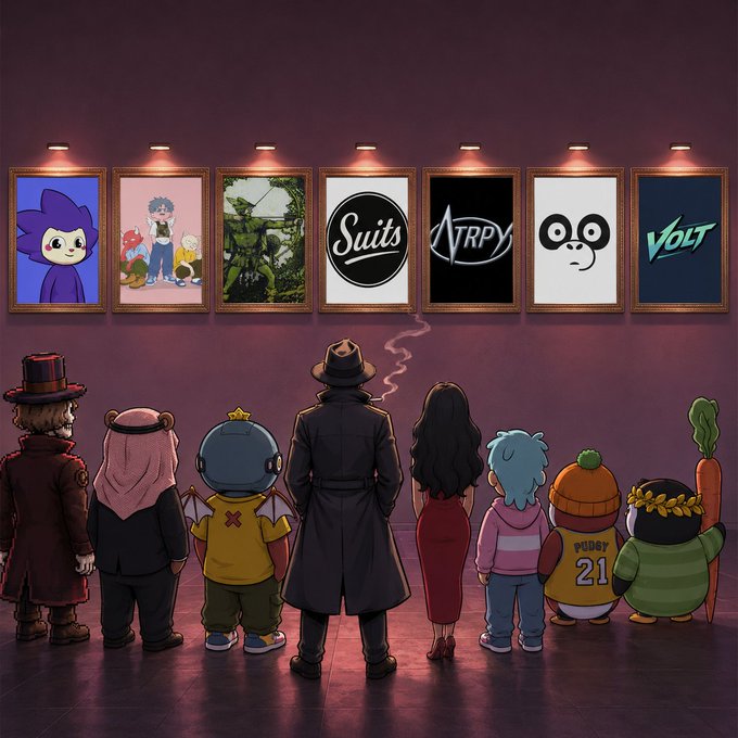 A group of NFT characters viewed from behind gaze up at a gallery wall displaying portraits with the labels "Suits," "NTRPY," and "VOLT," alongside various illustrated hooded figures. The accompanying post tags several NFT collections (@0xNTRPY, @solgurunft, @PoweredByVolt, @ssheyii, @ChogNFT, @bigchog, @SuitsOnHood, @bigjercrypto, @OranguNation, @ExoticRaccoon, @pko_nft, @dasfruits), suggesting these characters and wall portraits represent members and partners of these collections during a "late night visit" to an upcoming "hall of hood museum."