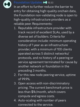 A Foundation Update announcement from 18:30 detailing new open peering requirements for high-quality infrastructure providers, listing four peer criteria including reputable infrastructure track record with 100+ unique clients over 5 networks, 99%+ uptime, sub-$1k/month pricing, and auto-scaling peering. The post explains how Hyperliquid is democratizing access to low-latency on-chain trading data that was previously limited to large market makers.