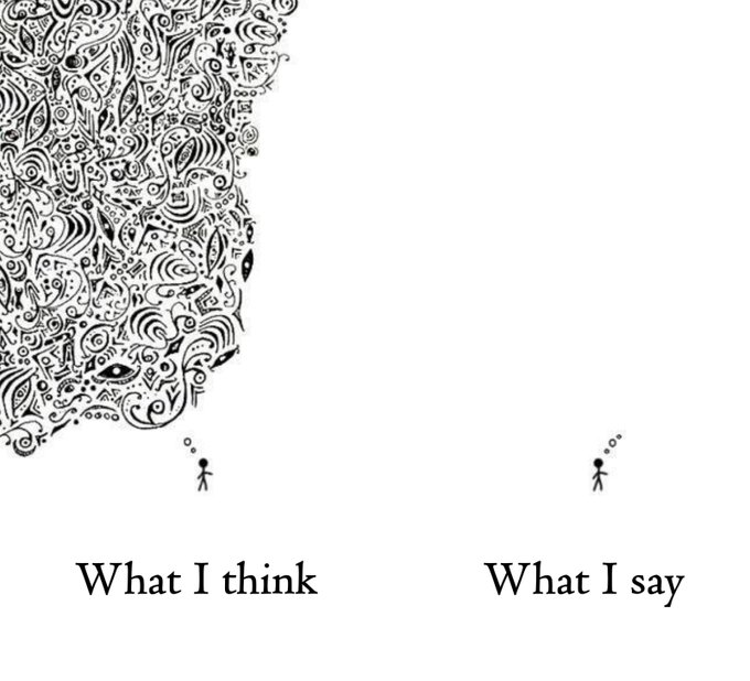A black-and-white conceptual illustration showing two stick figures, with "What I think" labeled under a massive cloud of chaotic scribbles and "What I say" under a tiny speech bubble.