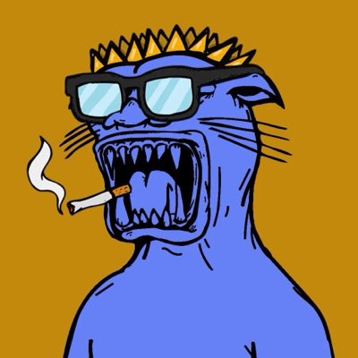 A cartoon illustration of a blue furry creature with spiky hair, wearing sunglasses and smoking a cigarette, on a brown background.