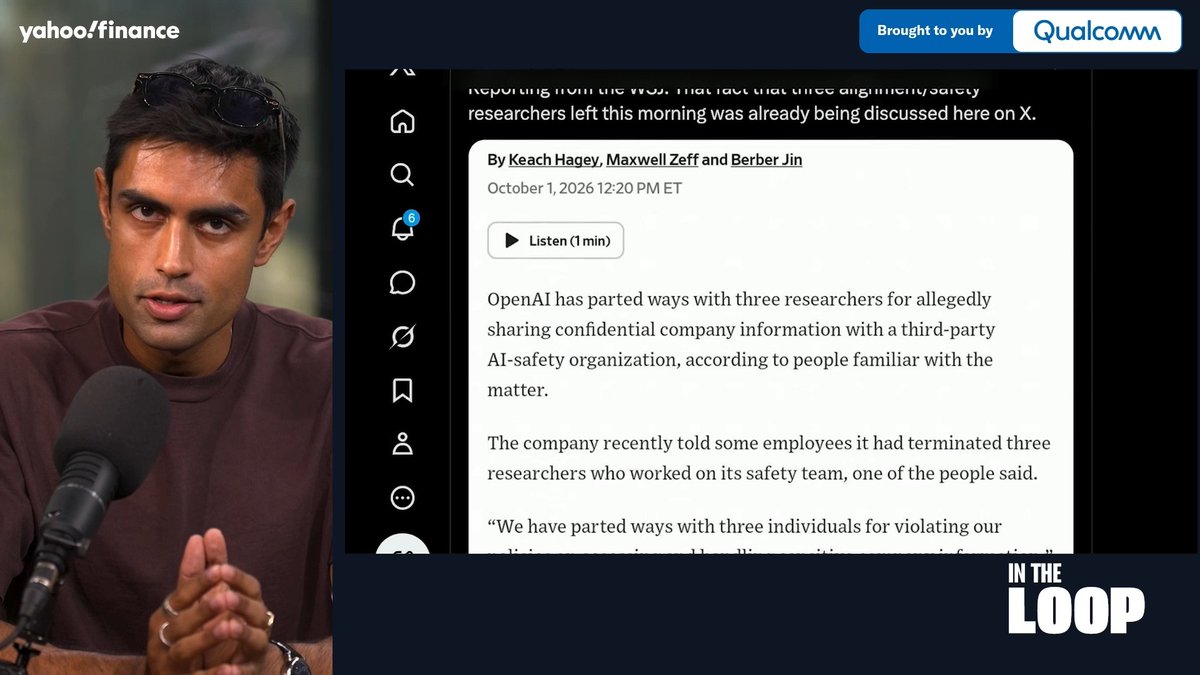 A Yahoo Finance "In the Loop" segment featuring guest @cryptopunk7213 discussing OpenAI's October 1, 2026 termination of three safety researchers (reported by Keach Hagey, Maxwell Zeff and Berber Jin) for allegedly leaking confidential information to a third-party AI-safety organization.
