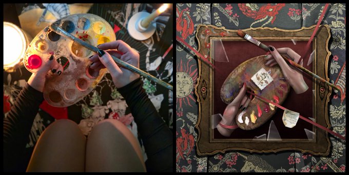The image shows two artistic scenes of hands holding a paint palette and brush, with a candle in the background, framed within an ornate floral border—visually evoking creative artistry. This aligns with the post "XRP HAS ART," which humorously frames XRP as a form of artistic expression or cultural phenomenon rather than just a cryptocurrency.
