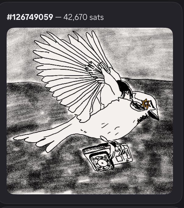 A black and white illustration depicts a stylized bird with outstretched wings clutching a record player while flying through a grainy sky, with the inscription "#126749059 — 42,670 sats" visible at the top.

This artwork appears to be a Bitcoin Ordinals inscription from the @Ord_Dropz collection, featuring the inscription number and its sat value as displayed in the post about a new secondary sale.