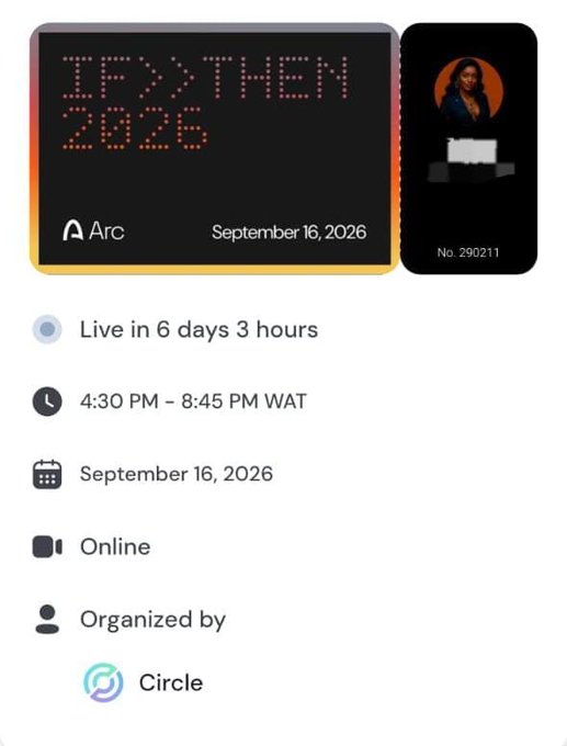 A digital event page for an "IF>THEN 2026" event hosted by "Arc" on September 16, 2026, from 4:30 PM - 8:45 PM WAT, organized by "Circle."