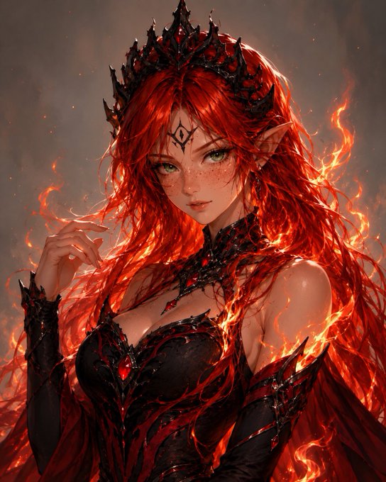 A fantasy digital illustration of an elf-like woman with long flowing red hair, a black crown, green eyes, and black armor, surrounded by flames.