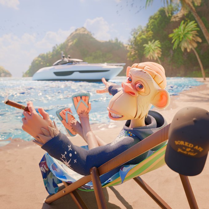 3D-rendered illustration of a relaxed monkey NFT character lounging in a striped beach chair smoking a cigar on a tropical beach, with a yacht, cliffs, and palm trees in the background.