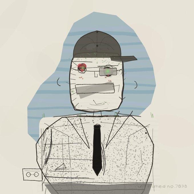 A rough sketch of a figure in a gray cap with mismatched eyes (one red, one green cyborg-like), wearing a speckled shirt and black tie against a blue striped background, labeled 'finished no.7838'.