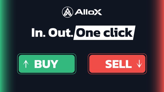 A promotional graphic for AlloX featuring the text 'In. Out. One click' above green 'BUY' and red 'SELL' buttons.