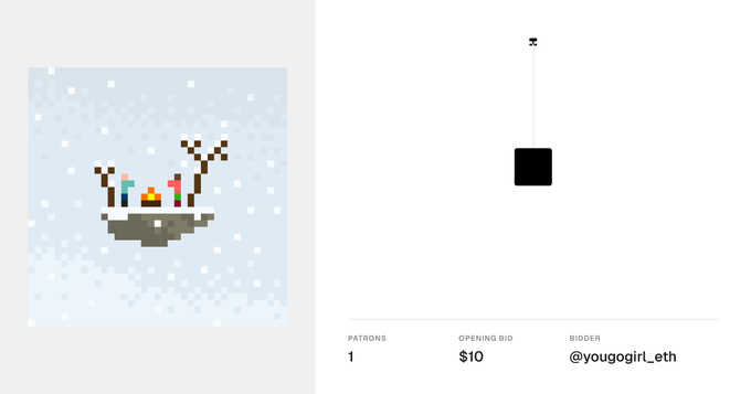 An NFT auction interface showing a pixel-art winter scene with characters on a platform, displaying 'PATRONS 1', 'OPENING BID $10', and 'BIDDER @yougogirl_eth'.