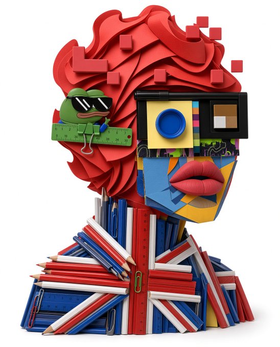 A surreal 3D-rendered bust composed of red flowing hair, a green Pepe-the-Frog character wearing sunglasses and holding a ruler, retro computer graphics, red lips, and a body made of stacked pencils, books, and British flags.