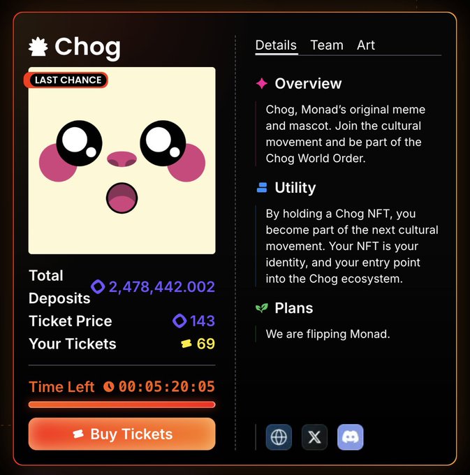 A dark-themed webpage for 'Chog,' Monad's original meme NFT project, featuring a cute pink and black character with the text 'We are flipping Monad,' showing 2,478,442.002 total deposits, a ticket price of 143, and 5 hours 20 minutes left.