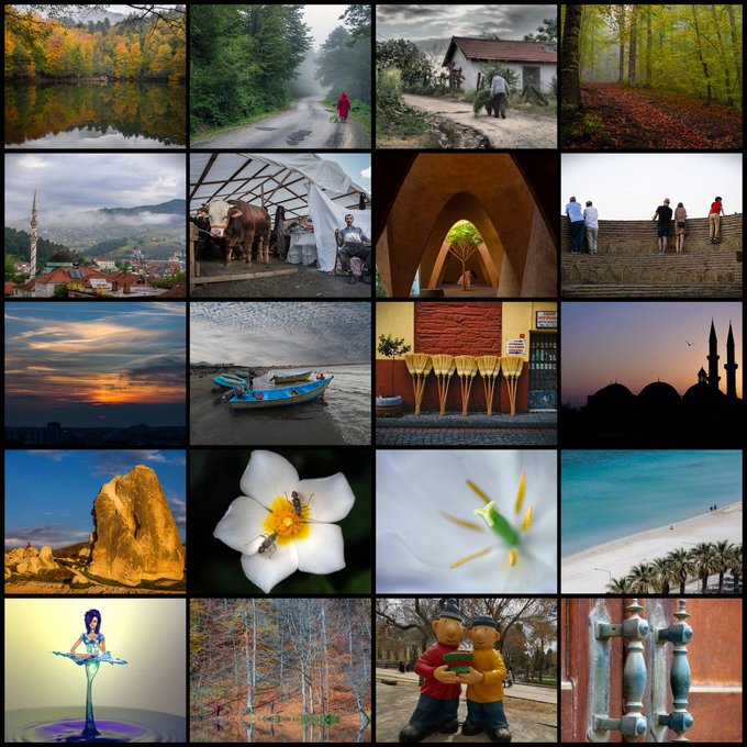 A collage of 20 diverse photographs including nature scenes, a mosque silhouette at sunset, a beach, flowers, and figurines.
