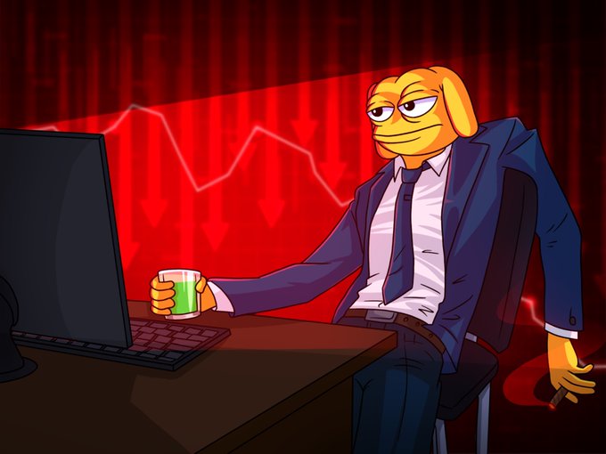 A cartoon illustration of a dog-headed character in a blue business suit sitting at a desk holding a green drink, with a red background showing a falling stock market chart and downward arrows.