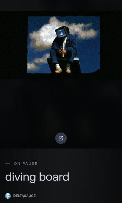 Music player showing a track titled 'diving board' by DELTASAUCE, on pause, featuring cover art of a person with a monitor for a head sitting on a block against a cloudy sky.