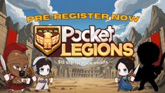 The image features an advertisement for a video game called "Pocket Legends", which was released recently. The pre-register button, located near the center of the frame, invites players to register their accounts before starting the new game. The image showcases two cartoon characters, one on each side of the button, holding swords and standing on sandy terrain within a castle setting. These characters are dressed in traditional attire suitable for a historical theme. Additionally, there is text above the characters that provides information about the game's price, features, and how to play.