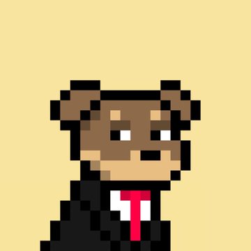 A pixel-art portrait of a brown dog character wearing a black suit and red tie, styled like a businessman, complements the post's reference to "Doginal Dog Suits" and the competitive trading of these collectible traits.