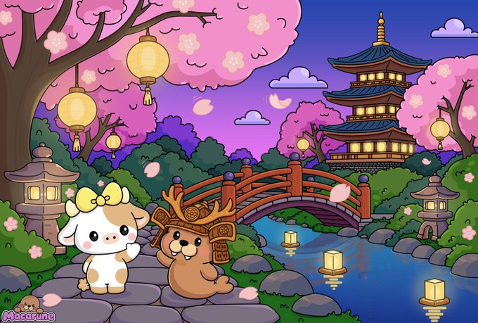 A cute digital illustration shows a white dog with a yellow bow and a brown dog wearing a samurai helmet in a Japanese garden with a pagoda, bridge, and floating lanterns.