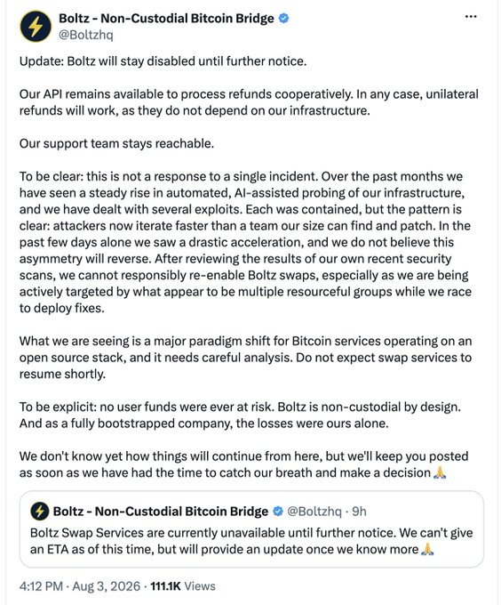 Tweet from @Boltzq (Boltz - Non-Custodial Bitcoin Bridge) dated Aug 3, 2026, announcing that Boltz will stay disabled due to increasing security exploits, noting that no user funds were at risk.