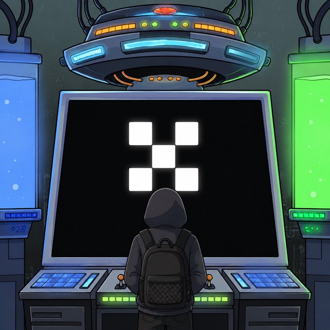 A hooded hacker figure stands at a glowing control console beneath a futuristic UFO-like device, with a mysterious pixelated symbol displayed on the central screen flanked by blue and green illuminated tanks. The image evokes a sci-fi "hacking the market" theme, suggesting clandestine trading prowess, while subtly promoting **OKX** as a trusted crypto exchange via the linked referral.