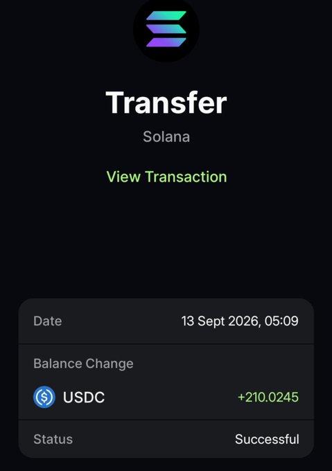 A mobile app transaction confirmation screen on Solana showing a successful USDC transfer with a balance change of +210.0245 dated 13 Sept 2026, 05:09.