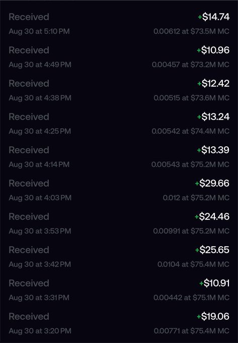 A mobile screenshot shows a series of "Received" Robinhood dividend payments in USD with corresponding microcaps market cap (MC) figures, all dated August 30 and ranging from +$10.91 to +$29.66, illustrating the $200+ in payouts referenced in the caption celebrating the RH chain's consistent microcap dividend stream.