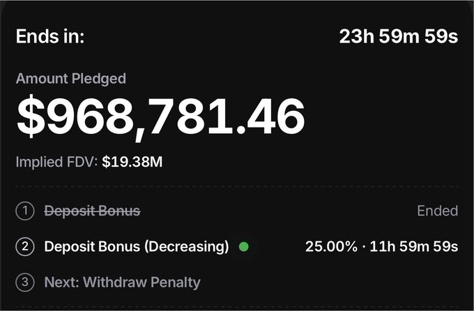Crowdfunding or token sale dashboard showing 'Ends in: 23h 59m 59s', 'Amount Pledged $968,781.46', 'Implied FDV: $19.38M', with deposit bonus stages listed.