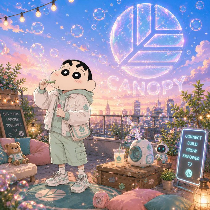 An anime-style illustration of a character blowing bubbles on a rooftop with a large 'CANOPY' logo, city skyline, and a sign reading 'CONNECT BUILD GROW EMPOWER.'