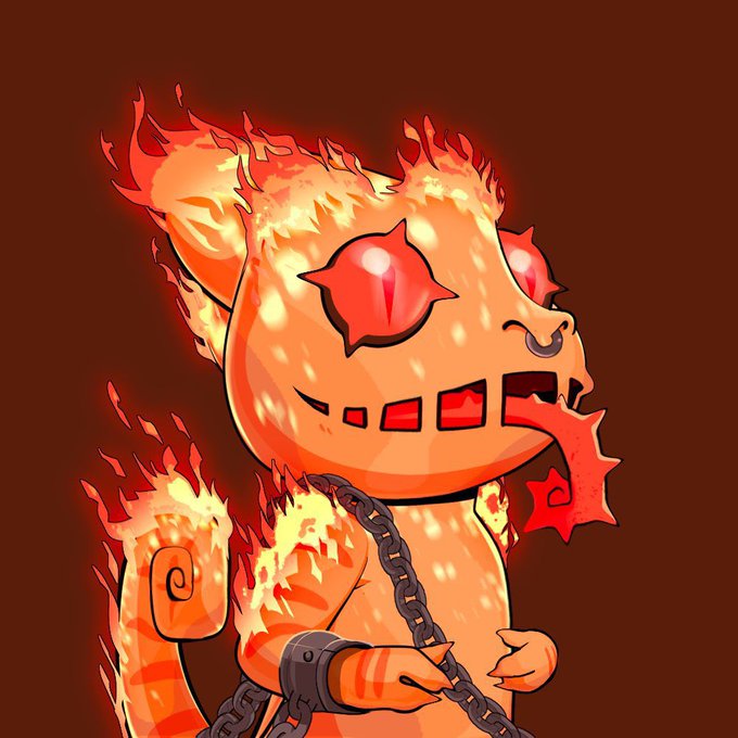 A cartoon illustration of a demonic Chucky doll with orange skin, flaming hair, red glowing eyes, a nose ring, chain necklace, and a stitched-together grin.