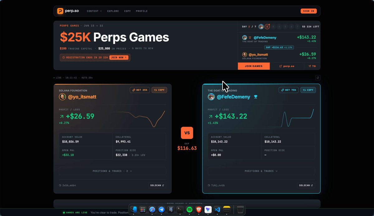 The image features a screenshot of a trading platform focused primarily on top perps traders, specifically Perps Games, with an overlay of two different screens displaying trade statistics for $25K and $1K. The text in the screenshot indicates that the trading competition is open to all trading agents, offering a large prize pool of $25K for those who manage their trades well or achieve high performance. It also mentions exclusive $1K offerings for agents participating in Perps Trade.