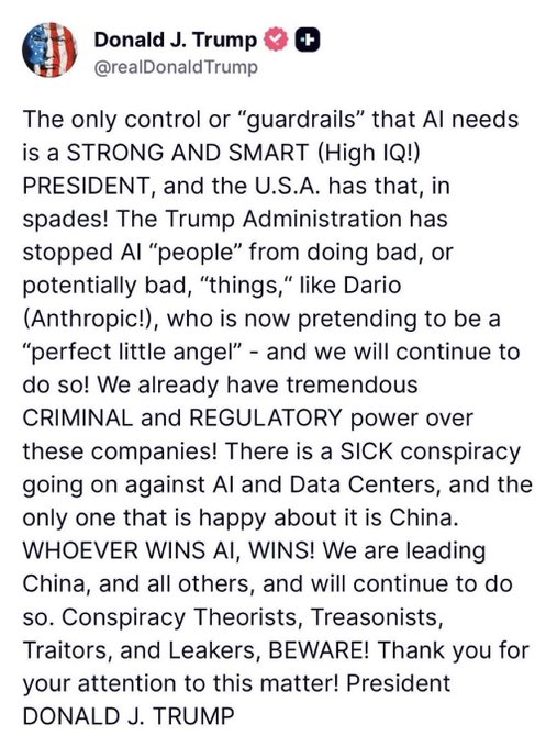 A screenshot of a Truth Social post by Donald J. Trump (@realDonaldTrump) stating that the only control AI needs is a strong and smart president, criticizing Dario of Anthropic as a 'perfect little angel' and warning of conspiracies against AI and data centers.
