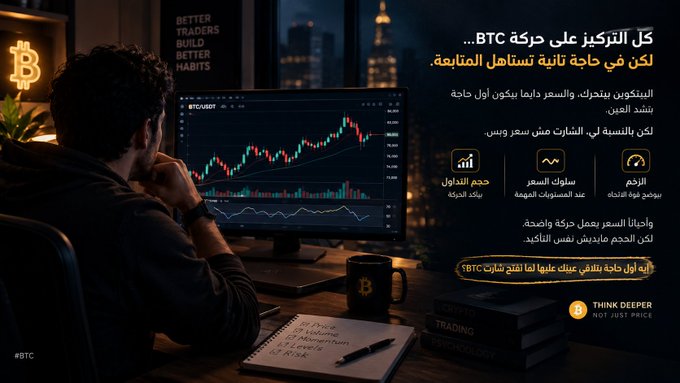 An advertisement featuring a man at a computer analyzing a Bitcoin (BTC) trading chart, with Arabic text promoting cryptocurrency trading and the tagline 'THINK DEEPER NOT JUST PRICE.'