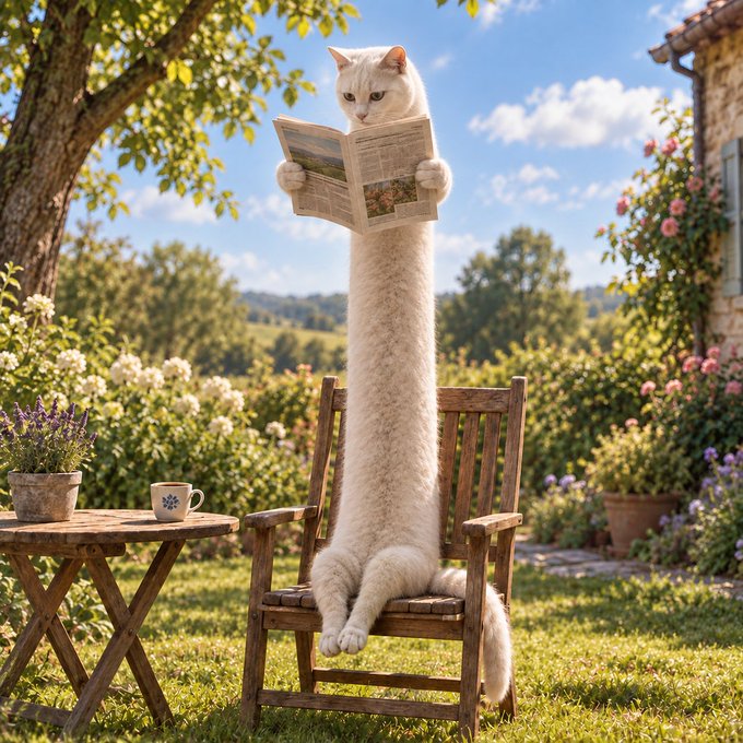 AI-generated image of an extremely tall white cat sitting on a wooden chair in a garden, reading a newspaper, with a coffee cup on a side table.