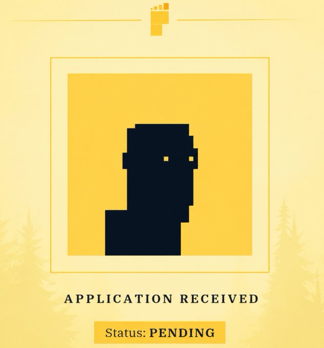 A digital graphic with a yellow background and tree silhouettes displays a black pixelated figure, with text reading 'APPLICATION RECEIVED' and a yellow box stating 'Status: PENDING'.
