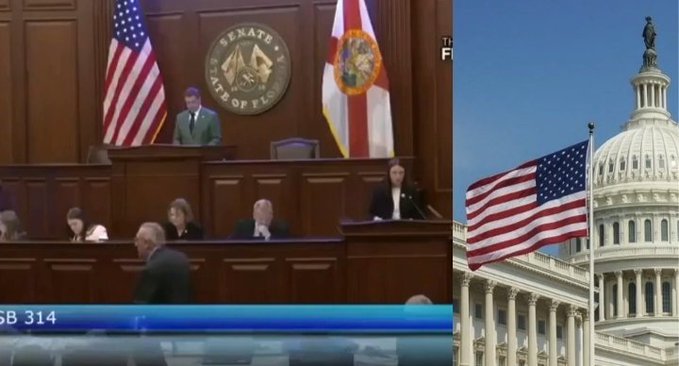 A split-screen image shows Florida Senate proceedings on the left, with officials seated beneath a "Senate State of Florida" seal and American and Florida flags, and the U.S. Capitol building flying the American flag on the right. The "SB 314" text at the bottom corresponds to the crypto-related bill mentioned in the post, visually supporting the news of Florida's legislative action on stablecoin regulation.
