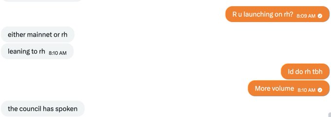 A chat conversation shows discussion about a project launching either on mainnet or "rh" (likely Rook/Hoot or similar), with messages stating "either mainnet or rh," "leaning to rh," "the council has spoken," "R u launching on rh?," "Id do rh tbh," and "More volume." The exchange aligns with the post's context of debating whether a new Olympus-inspired project with "ponzinomics" should launch on mainnet versus a reserve-backed platform like RH.