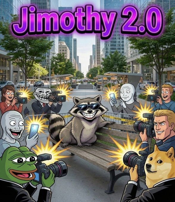 An AI-generated meme illustration titled 'Jimothy 2.0' showing a raccoon in sunglasses being photographed by various meme characters in a city setting.