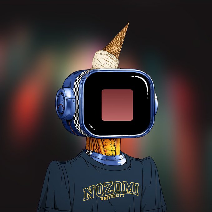 A stylized digital artwork features a character wearing a blue racing-themed helmet with a scoop of ice cream on top, and a 'NOZOMI UNIVERSITY' t-shirt.
