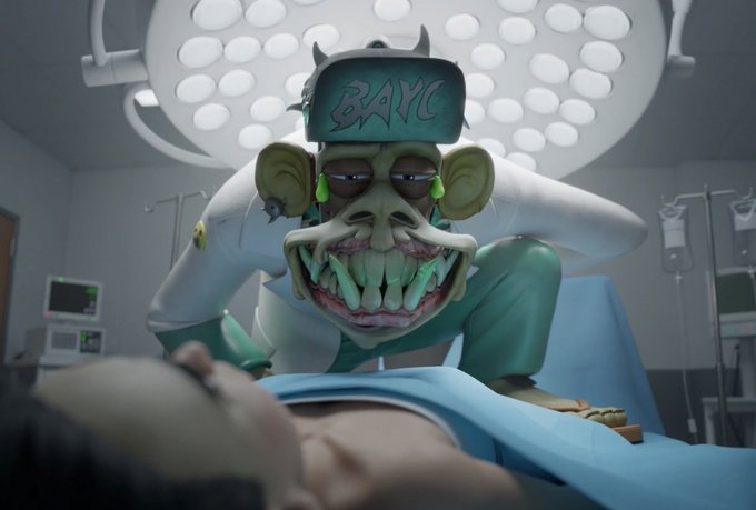 A 3D animated, grotesque monkey-like creature wearing a cap with 'BAYC' written on it, standing over a person on an operating table under surgical lights.