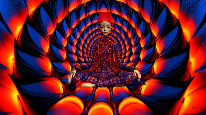 A symmetrical, psychedelic digital artwork depicting a meditating figure in red and blue patterned clothing surrounded by concentric rings of glowing orange and blue petal-like shapes.