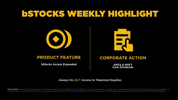A "bStocks Weekly Highlight" graphic on a black and gold background features two key updates: a "Product Feature" section noting that bStocks Access has been expanded, and a "Corporate Action" section announcing cash dividends for AMTA and MSFT, with the tagline "Always On 24/7. Access to Tokenized Equities" at the bottom. The image visually summarizes the post's highlights about expanded bStocks access and the AMTA & MSFT cash dividends now available in Spot Wallet.