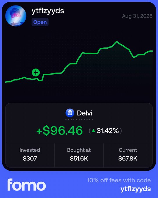 A Fomo app screenshot showing a stock chart for 'Delvi' with a +31.42% gain, invested $307, bought at $51.6K, current $67.8K, username ytflzyyds.