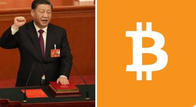 The image depicts Xi Jinping on the left and the Bitcoin logo on the right, juxtaposing China's leadership with the cryptocurrency, possibly alluding to the evolving regulatory landscape for digital assets in the region. This visual pairing may relate to Hong Kong's reinforced position as a global crypto hub with a 0% capital gains tax environment.