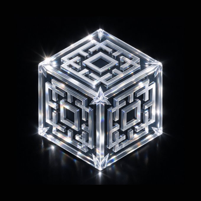 A crystal cube with intricate geometric patterns glows brightly against a black background.
